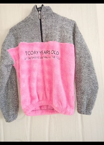 Kadın Gri-Pembe Peluş Sweatshirt