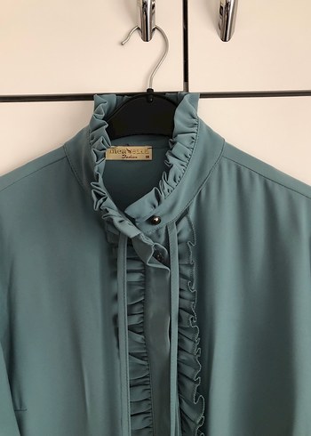 Uzun su yeşili Kadın Tunik, Fırfırlı Yaka, Salaş Kesim - Görsel 2