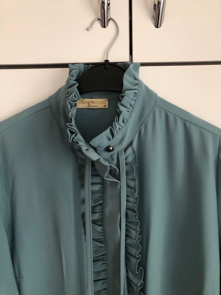 Uzun su yeşili Kadın Tunik, Fırfırlı Yaka, Salaş Kesim - Görsel 2