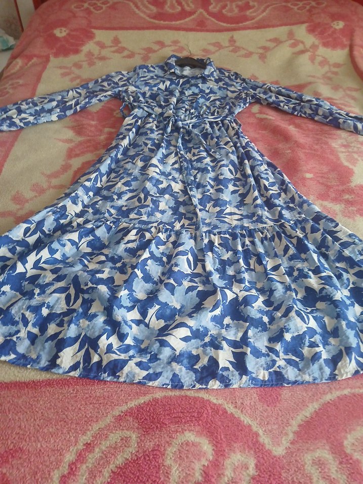 Mavi Bağlamalı Uzun Kollu Elbise - Görsel 5