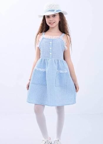 Mavi Dantelli Kız Çocuk Elbisesi - Görsel 2