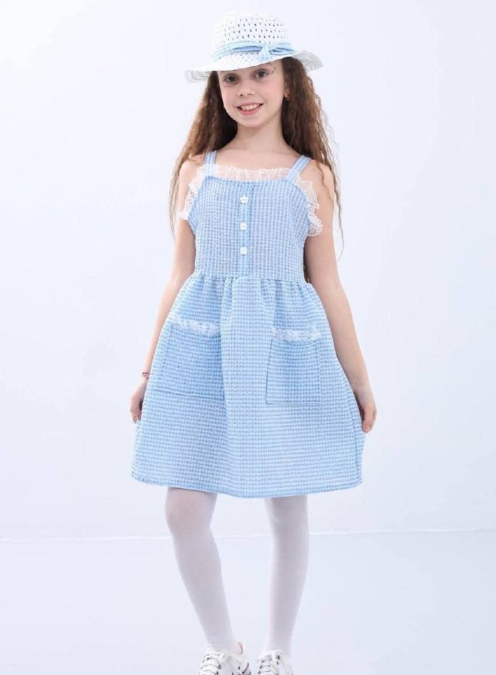 Mavi Dantelli Kız Çocuk Elbisesi - Görsel 2