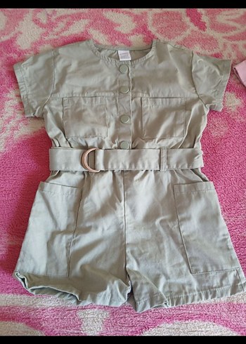 Kız Çocuk Kemerli Kısa Kollu Keten Tulum - Görsel 2