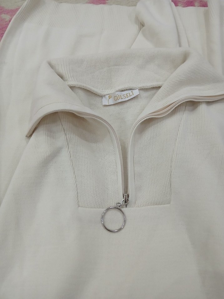 Fermuarlı Boğazlı Beyaz Triko Elbise - Görsel 4