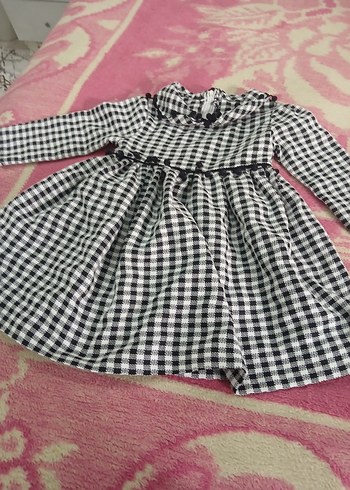 Kız Çocuk siyah  Beyaz Kareli Uzun Kollu Elbise - Görsel 3