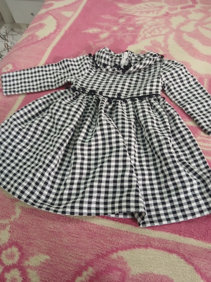 Kız Çocuk siyah  Beyaz Kareli Uzun Kollu Elbise - Görsel 3