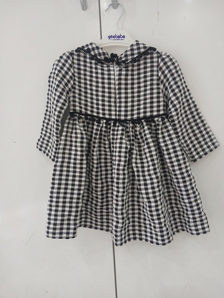 Kız Çocuk siyah  Beyaz Kareli Uzun Kollu Elbise - Görsel 2
