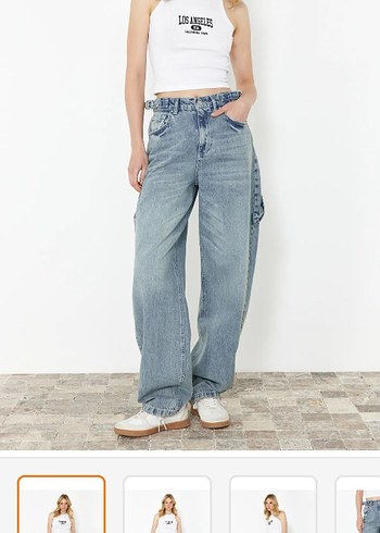 Kadın Mavi Bağcıklı Bol Kesim Denim Pantolon