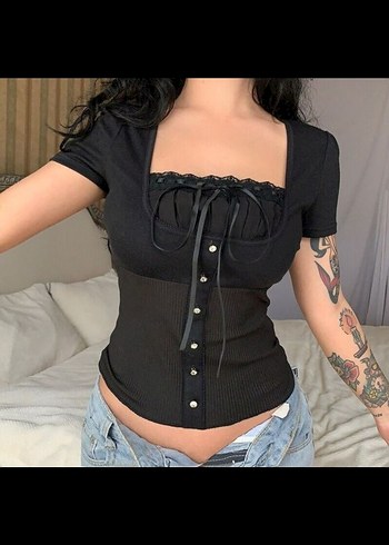 s Beden Siyah Gotik Y2K Kısa Kollu Bluz