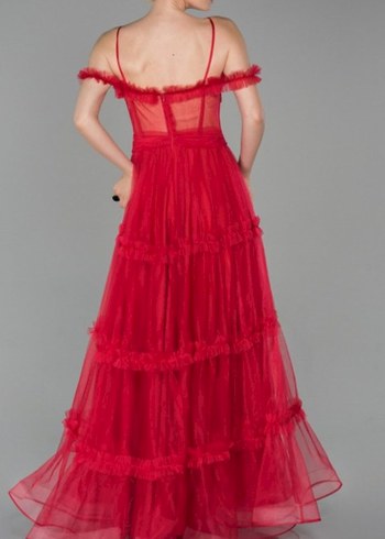 Kırmızı Straplez Uzun Abiye Elbise - Görsel 4