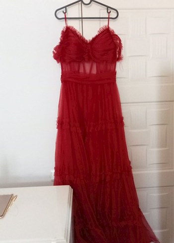 Kırmızı Straplez Uzun Abiye Elbise - Görsel 5