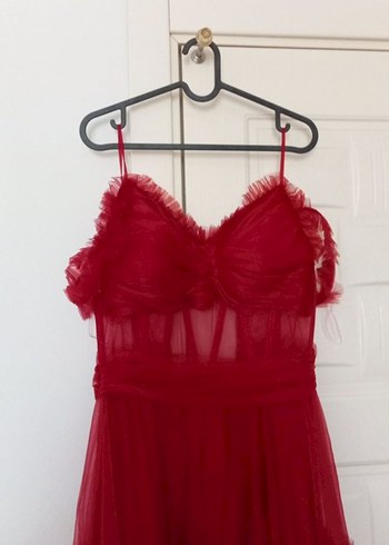 Kırmızı Straplez Uzun Abiye Elbise - Görsel 6