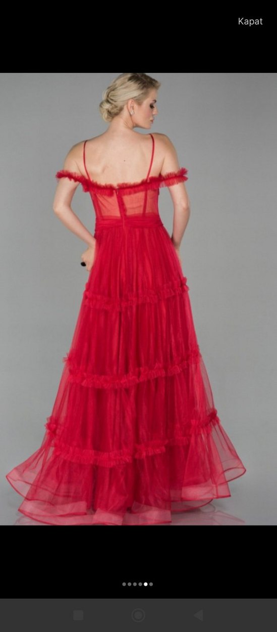 Kırmızı Straplez Uzun Abiye Elbise - Görsel 4