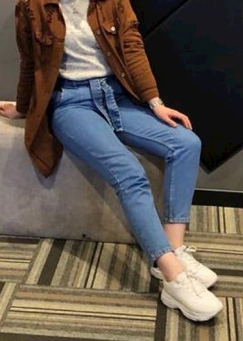 Lamelif Düğmeli Mavi Kadın Midi Boy Bol Kesim Jean - Görsel 4