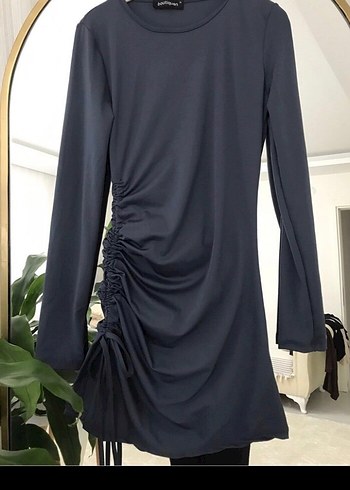 Uzun Kollu Drapeli Siyah Mini Elbise - Görsel 3