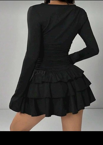 Siyah Fırfırlı Uzun Kollu Mini Elbise - Görsel 3