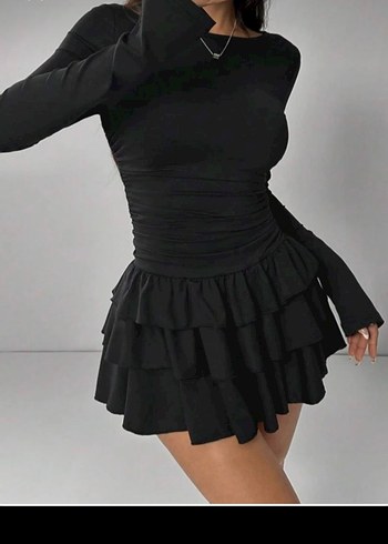 Siyah Fırfırlı Uzun Kollu Mini Elbise - Görsel 5