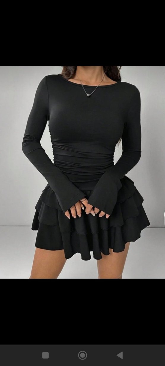 Siyah Fırfırlı Uzun Kollu Mini Elbise - Görsel 4
