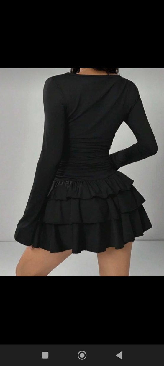 Siyah Fırfırlı Uzun Kollu Mini Elbise - Görsel 3