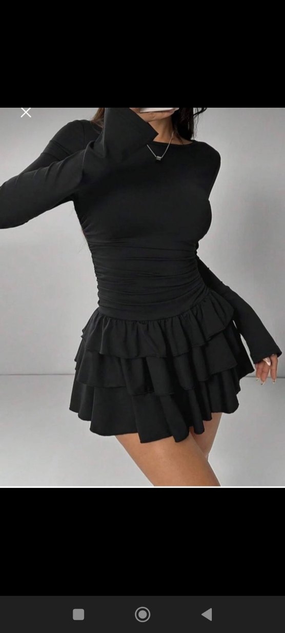 Siyah Fırfırlı Uzun Kollu Mini Elbise - Görsel 5