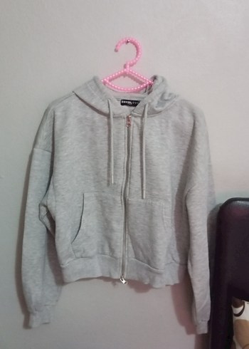 Defacto Gri Melanj Kapusonlu Fermuarli Sweatshirt