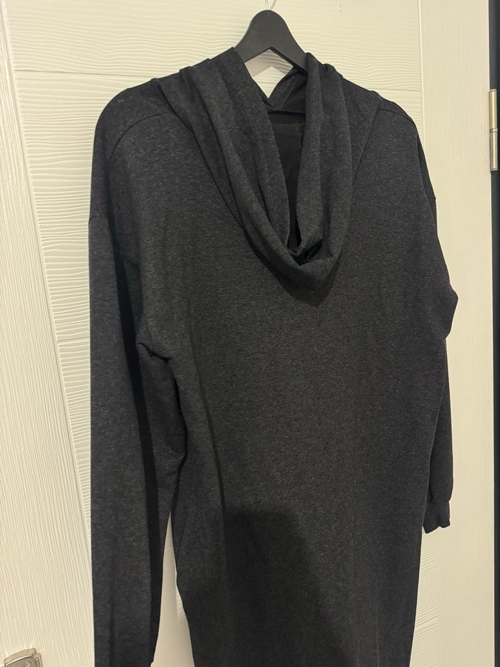 Gri Uzun Kollu Kapişonlu Sweat Elbise - Görsel 3