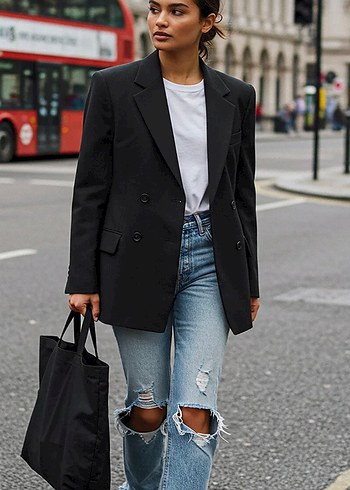 Kadın Siyah Uzun Düğmeli Blazer Ceket