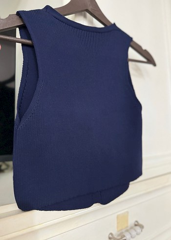 Düğmeli V Yaka Mavi Kadın Triko Yelek - Görsel 7