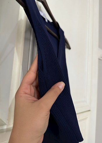 Düğmeli V Yaka Mavi Kadın Triko Yelek - Görsel 5