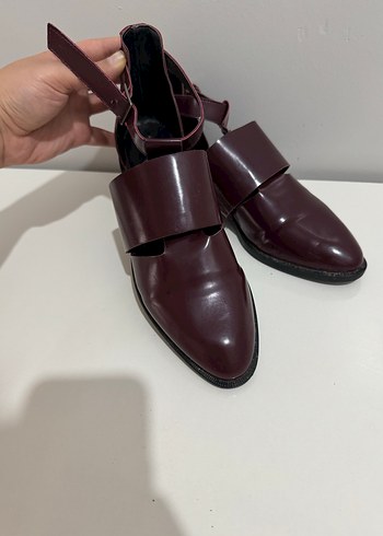 Bordo Deri Kadın Tokalı Topuklu Sandalet - Görsel 8