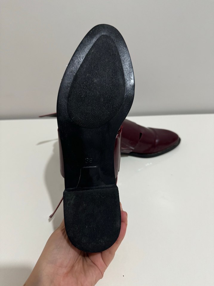 Bordo Deri Kadın Tokalı Topuklu Sandalet - Görsel 5