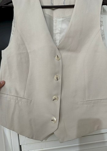 Bej Düğmeli Kolsuz Midi Hamile Ceketi - Görsel 3