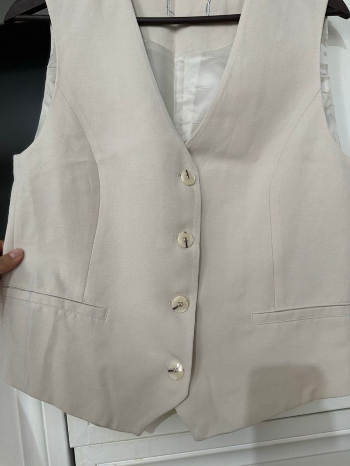 Bej Düğmeli Kolsuz Midi Hamile Ceketi - Görsel 3