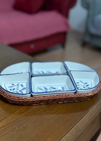 Mavi Nakış Desenli Seramik Çerezlik Seti