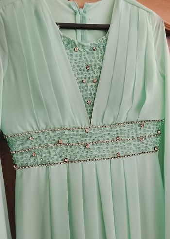 su yeşili Drapeli Nakışlı Uzun Abiye Elbise - Görsel 2