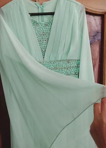 su yeşili Drapeli Nakışlı Uzun Abiye Elbise - Görsel 3