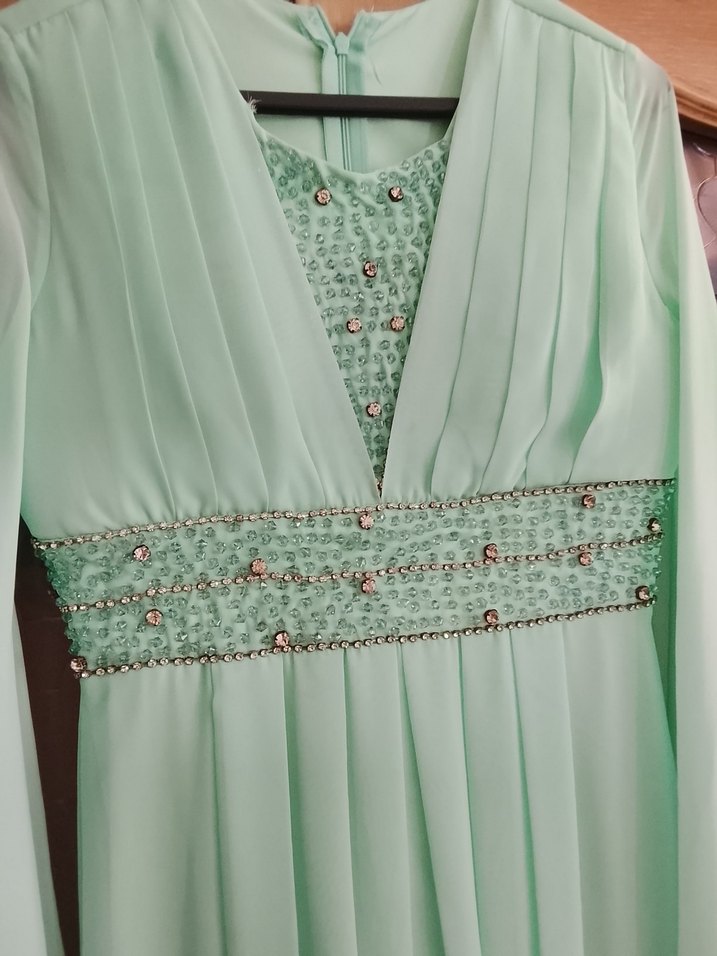 su yeşili Drapeli Nakışlı Uzun Abiye Elbise - Görsel 2