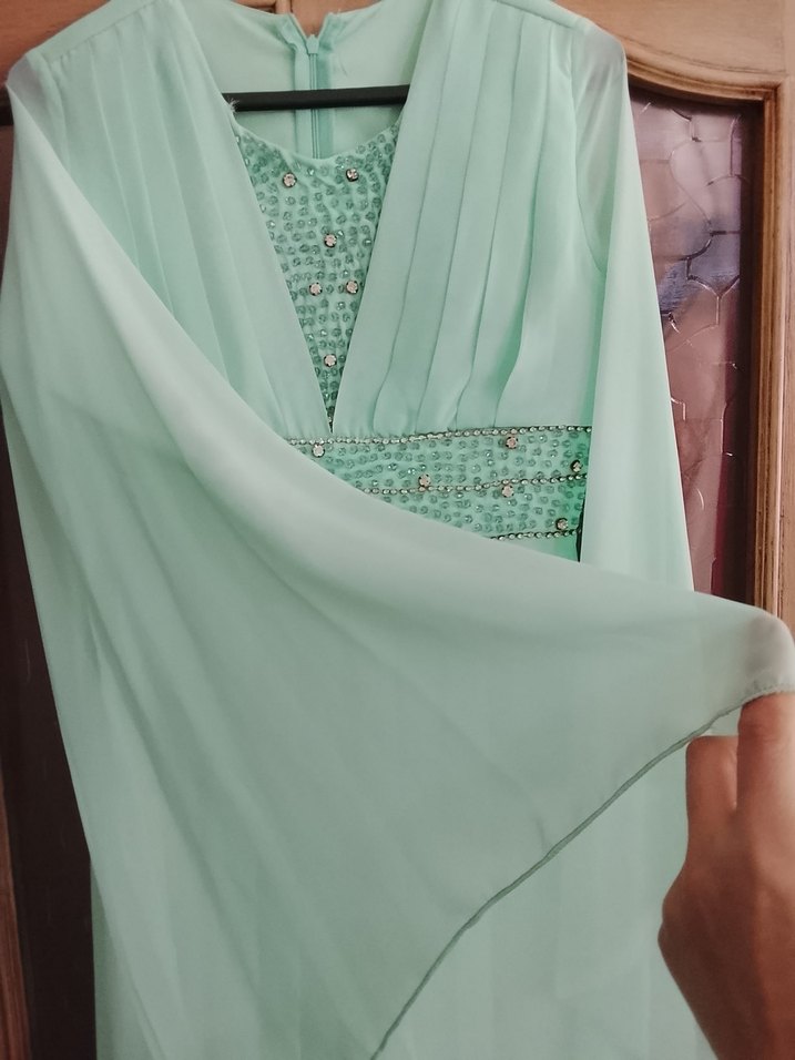 su yeşili Drapeli Nakışlı Uzun Abiye Elbise - Görsel 3