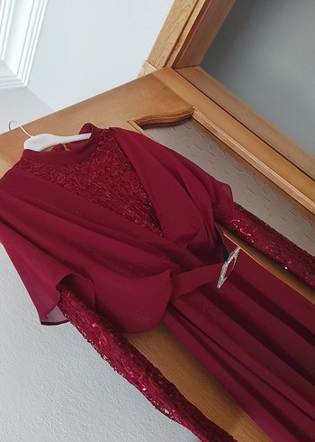 Bordo V Yaka Uzun Abiye Elbise - Görsel 2