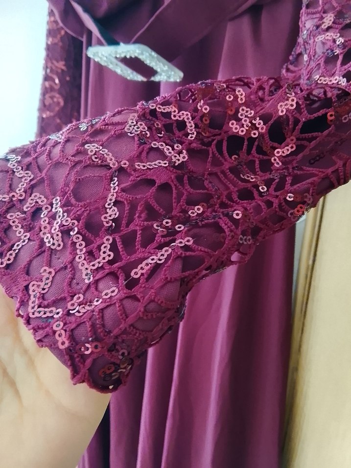 Bordo V Yaka Uzun Abiye Elbise - Görsel 3