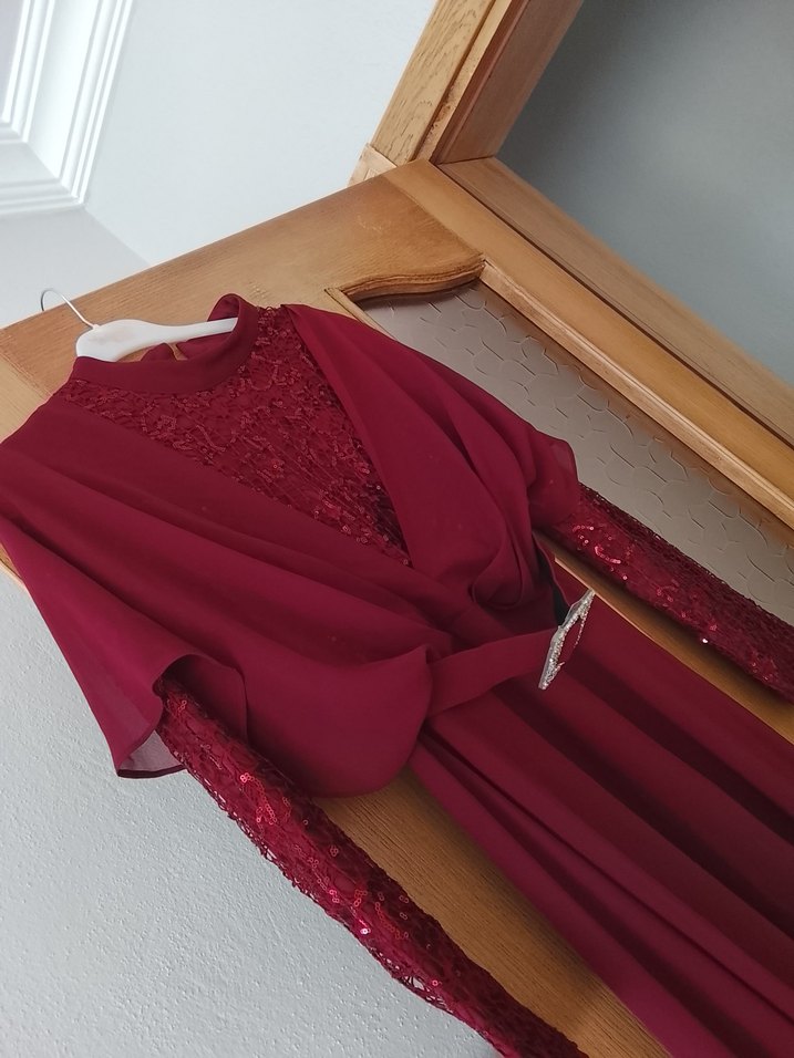 Bordo V Yaka Uzun Abiye Elbise - Görsel 2