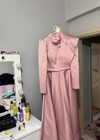 Pembe Uzun Drapeli Kadın Elbise - Görsel 3