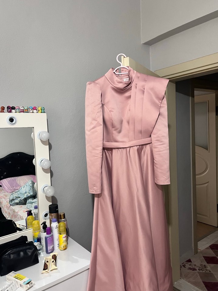 Pembe Uzun Drapeli Kadın Elbise - Görsel 3