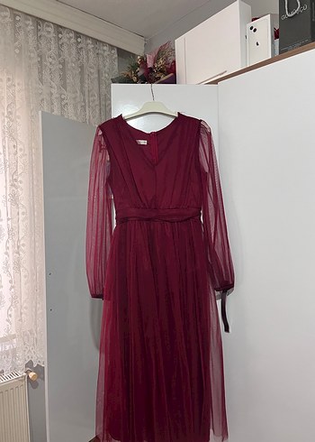 Bordo Uzun Kollu Drapeli Uzun Elbise - Görsel 2