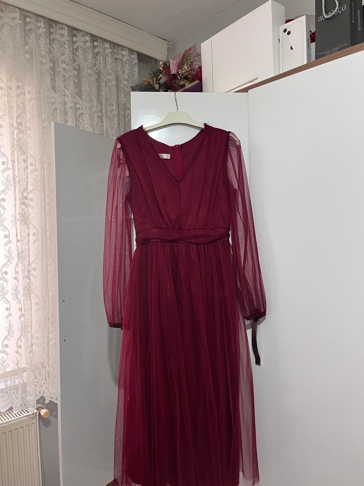 Bordo Uzun Kollu Drapeli Uzun Elbise - Görsel 2