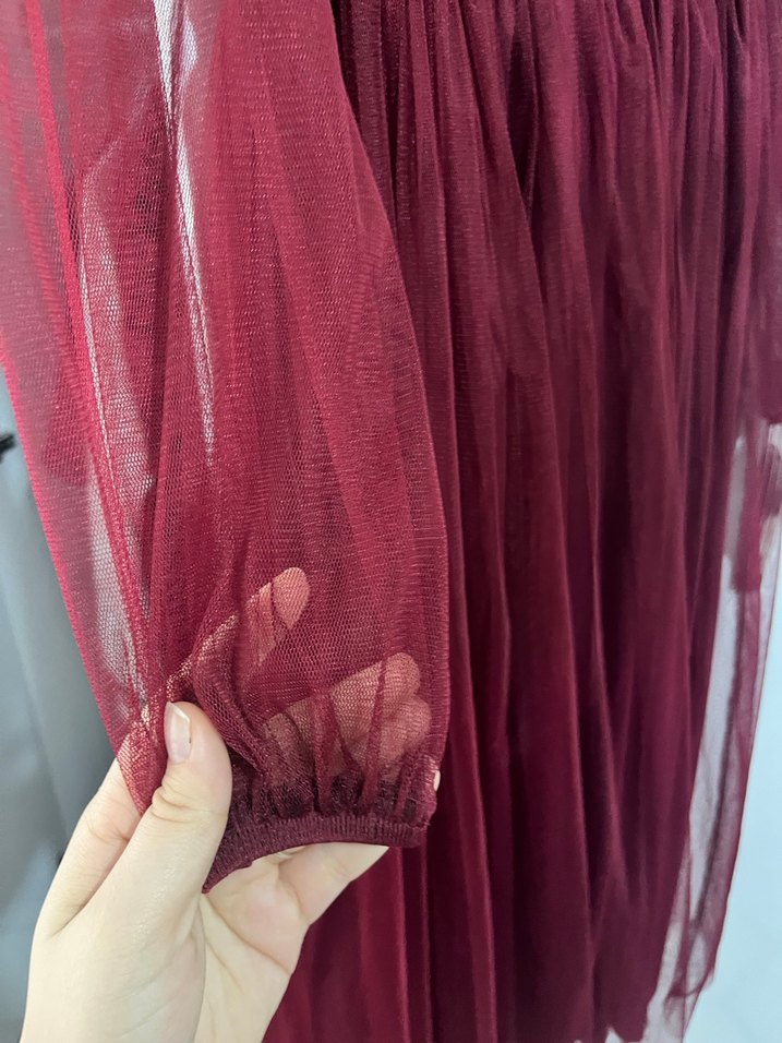 Bordo Uzun Kollu Drapeli Uzun Elbise - Görsel 4