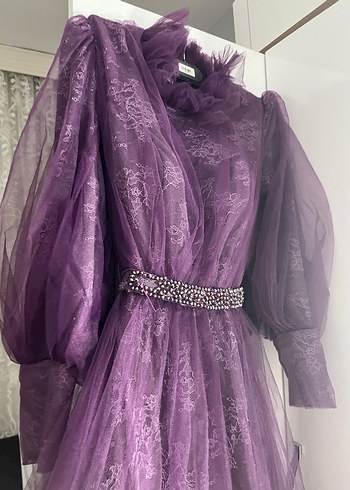 Uzun Kollu Mor Vintage Abiye Elbise - Görsel 3