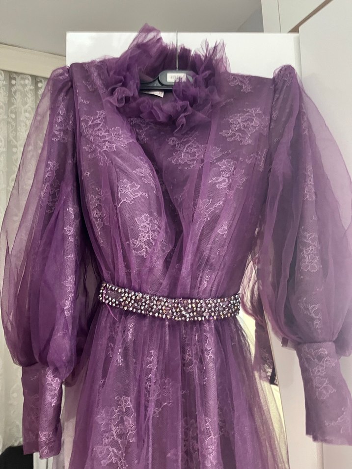 Uzun Kollu Mor Vintage Abiye Elbise - Görsel 4