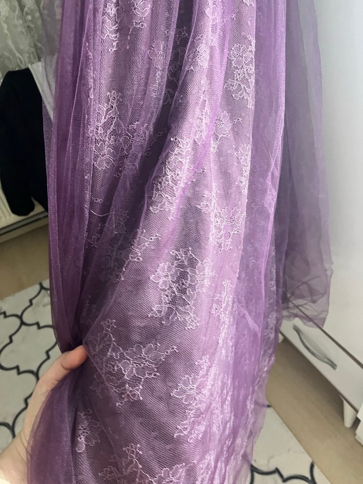 Uzun Kollu Mor Vintage Abiye Elbise - Görsel 2