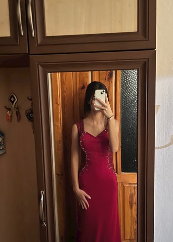 diğer Beden Bordo V Yaka Pul İşlemeli Midi Abiye Elbise